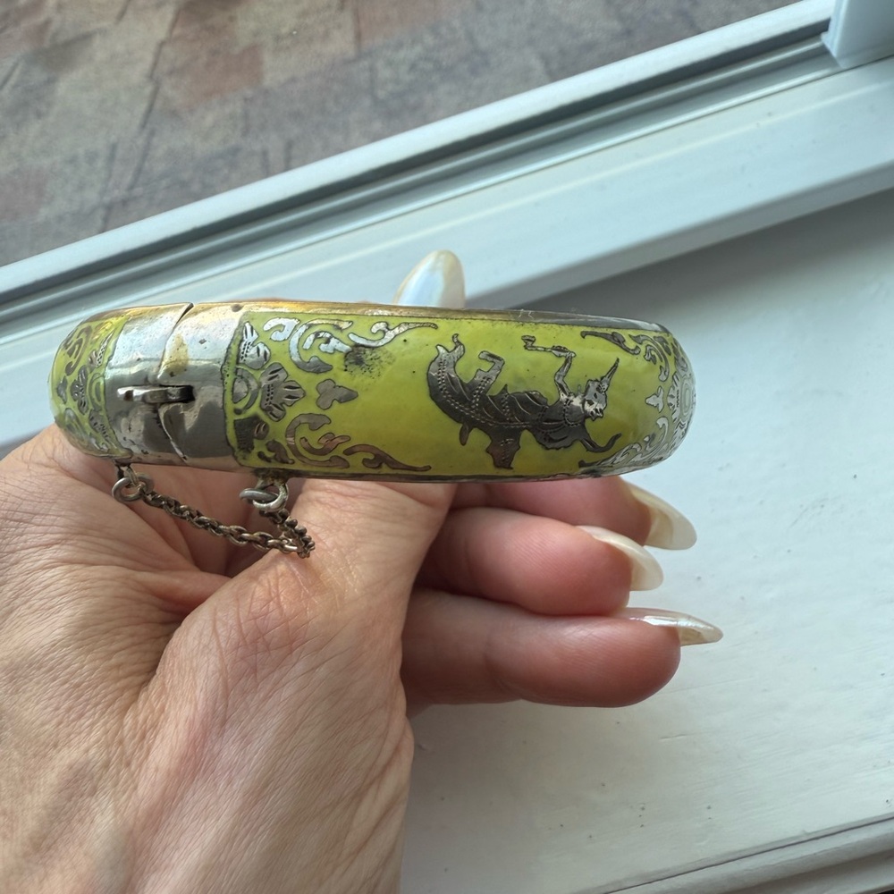 Vintage Yellow Enamel Silver Bangle with Elephant Design - Picture 8 of 14